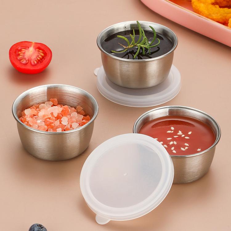 304 Stainless Steel Sauce Cup With Plastic Lid Sealed Leak-Proof Dipping Dish Seasoning Dish