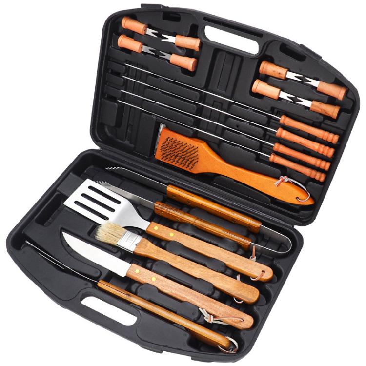 19pcs /Set Outdoor Stainless Steel Wooden Handle Barbecue Tool Box