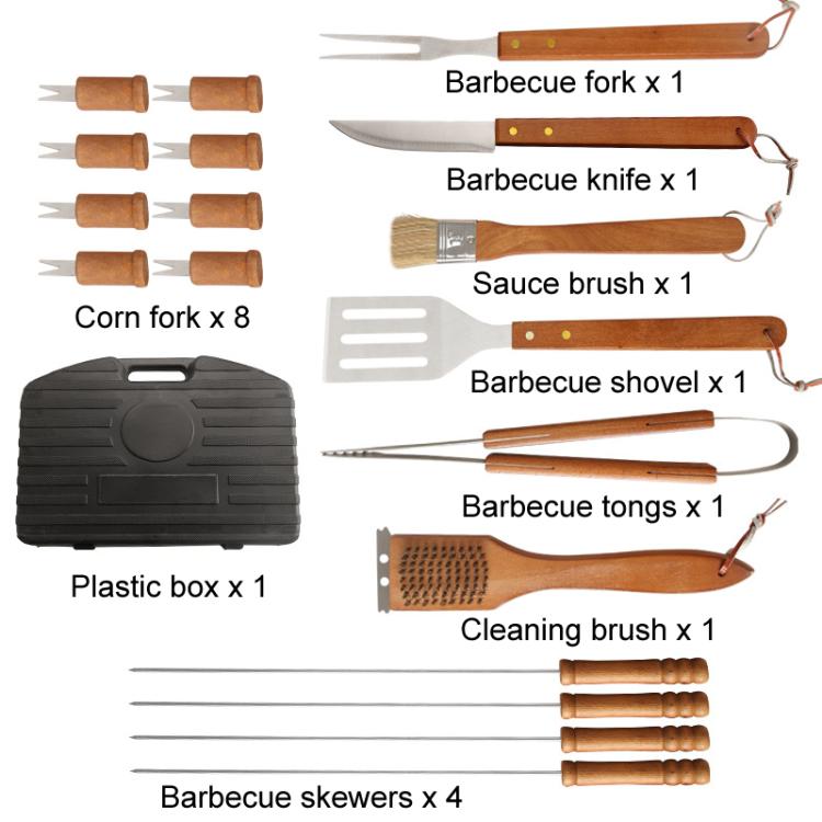 19pcs /Set Outdoor Stainless Steel Wooden Handle Barbecue Tool Box