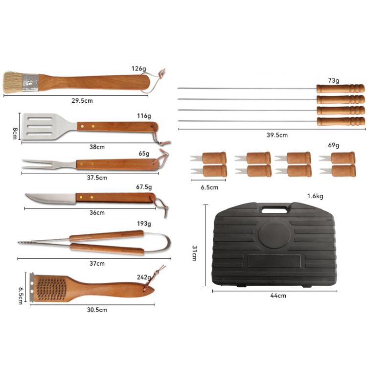 19pcs /Set Outdoor Stainless Steel Wooden Handle Barbecue Tool Box