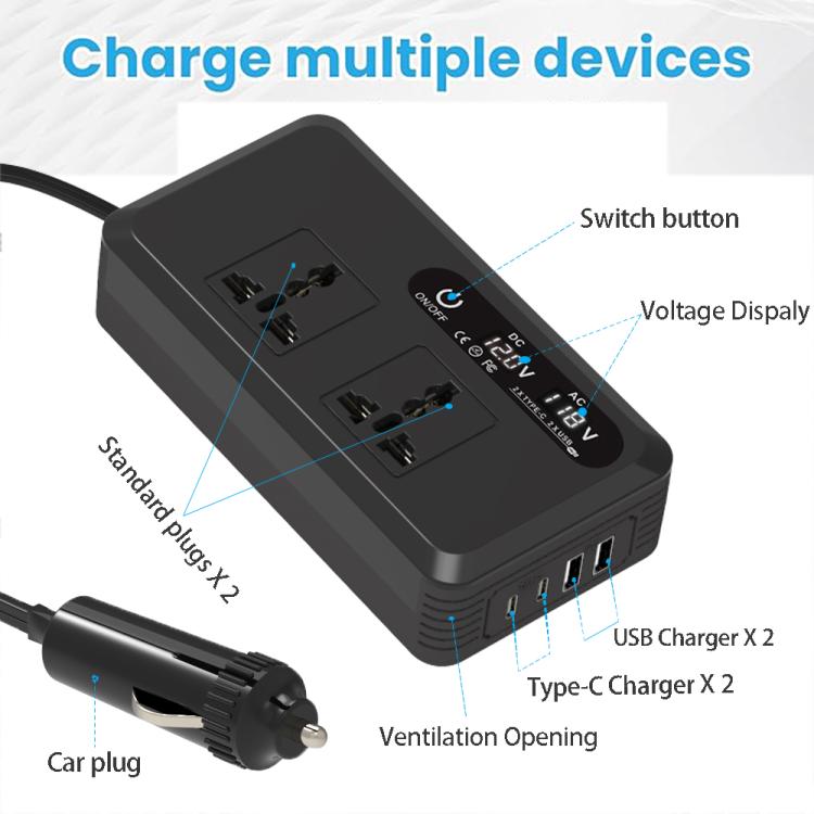 Gurxun Dual Digital Display Car Inverter With 2 USB+2 Type-C Ports