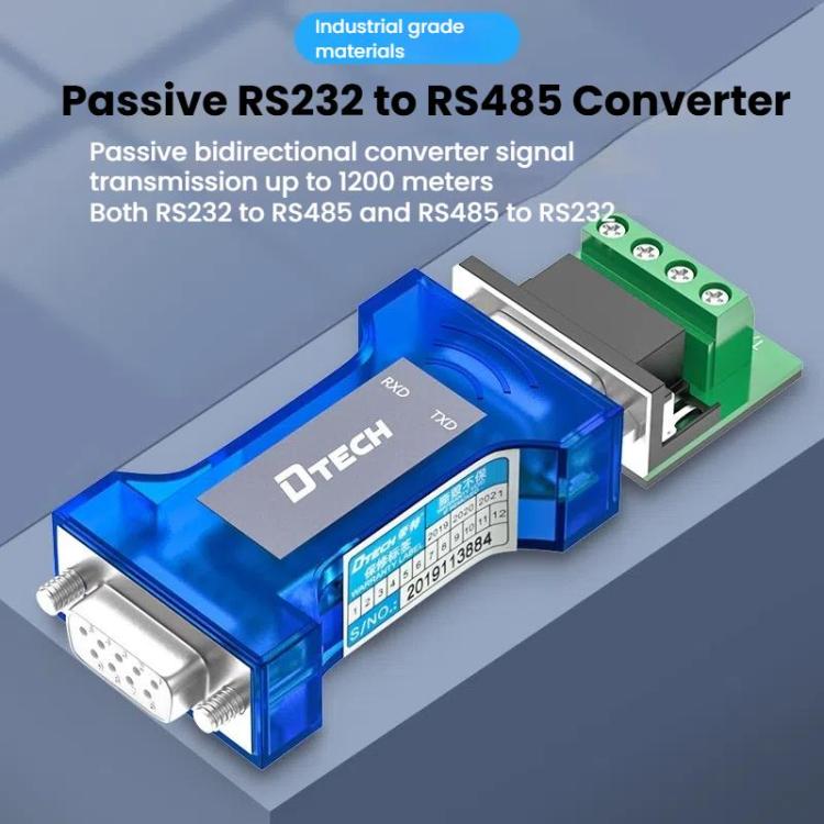 DTECH RS232 To RS485 Bi-Directional Converter With Surge & Transient Protection - Opto-Isolated Passive Interface