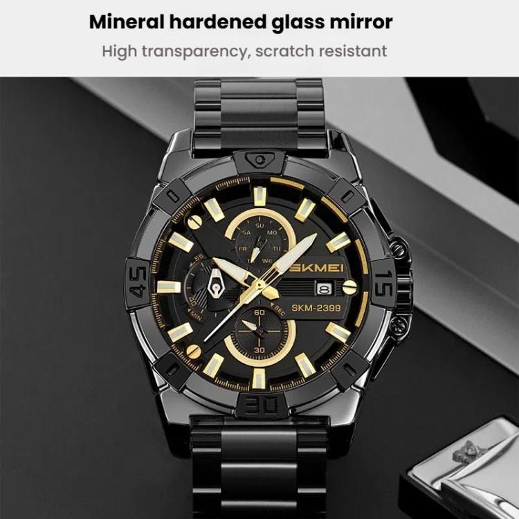 SKMEI 2399 Three-eye Six-pin Steel Band Quartz Watch Men Business Casual Watch