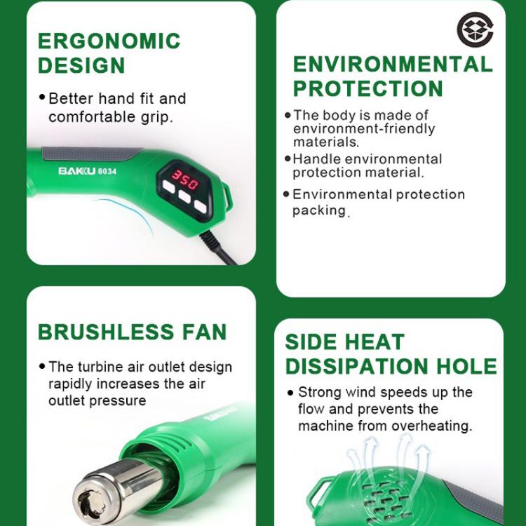 BAKU BA-8034 650W Hot Air Blower 100-500 Degrees Celsius Heat Tool With 3 Nozzles