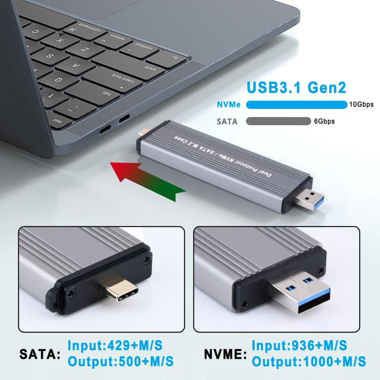 10Gbps USB3.1 Gen2 NVMe Hard Drive Enclosure With Direct Plug USB + Type-C Dual Interface