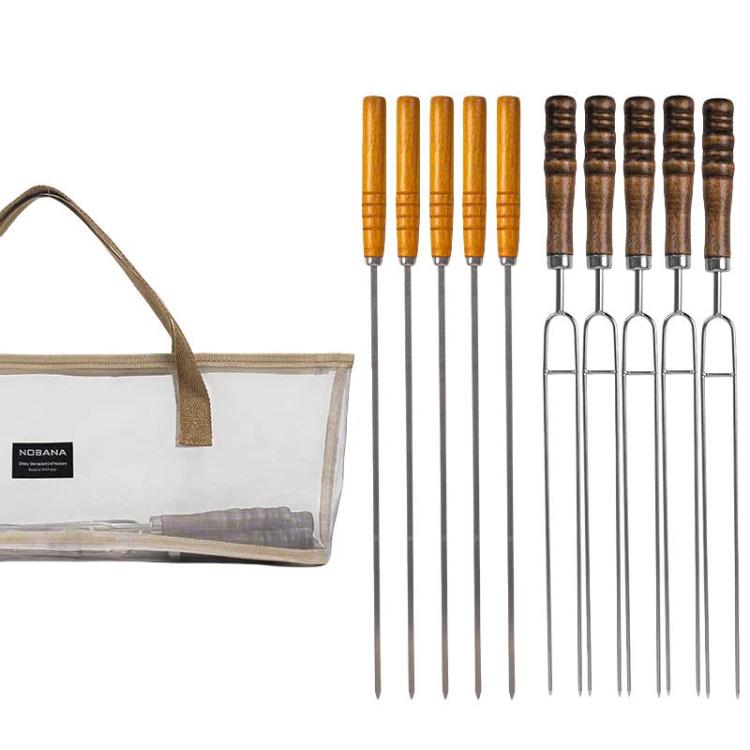 NOBANA Outdoor BBQ Grilling Fork Portable Stainless Steel Wooden Handle Grilling Skewer With Storage Bag