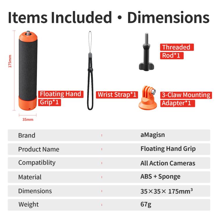 aMagisn Universal Floating Hand Grip for Action Cameras with Triple Claw & 1/4-inch Screw Mount