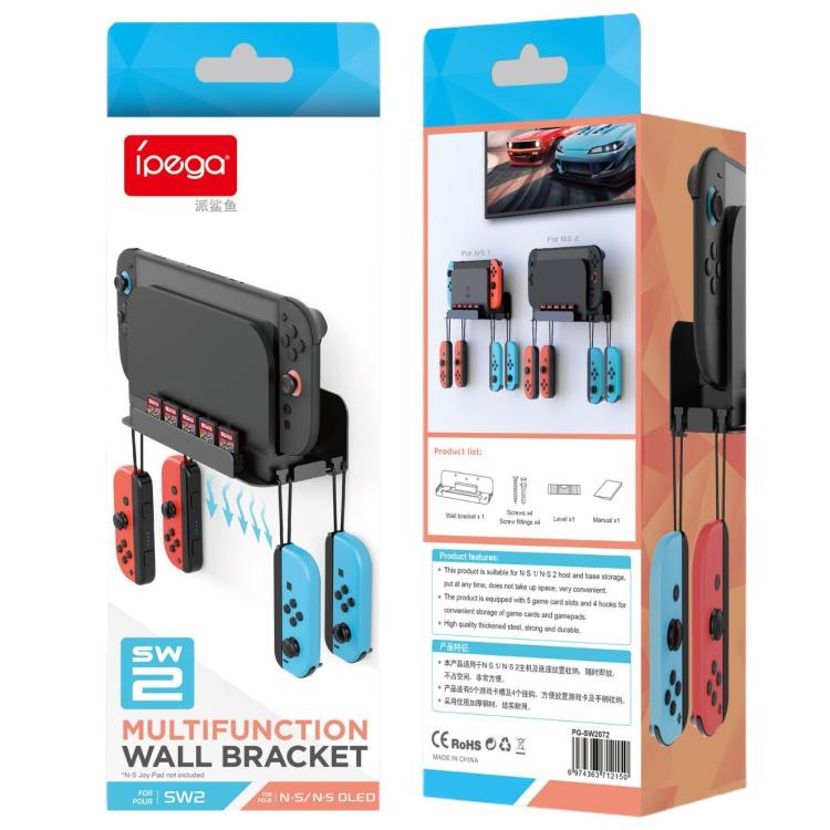 For Nintendo Switch 2 iPega Wall-Mounted Steel Organizer Gaming Shelf with 5 Game Card Slots & 4 Controller Hook