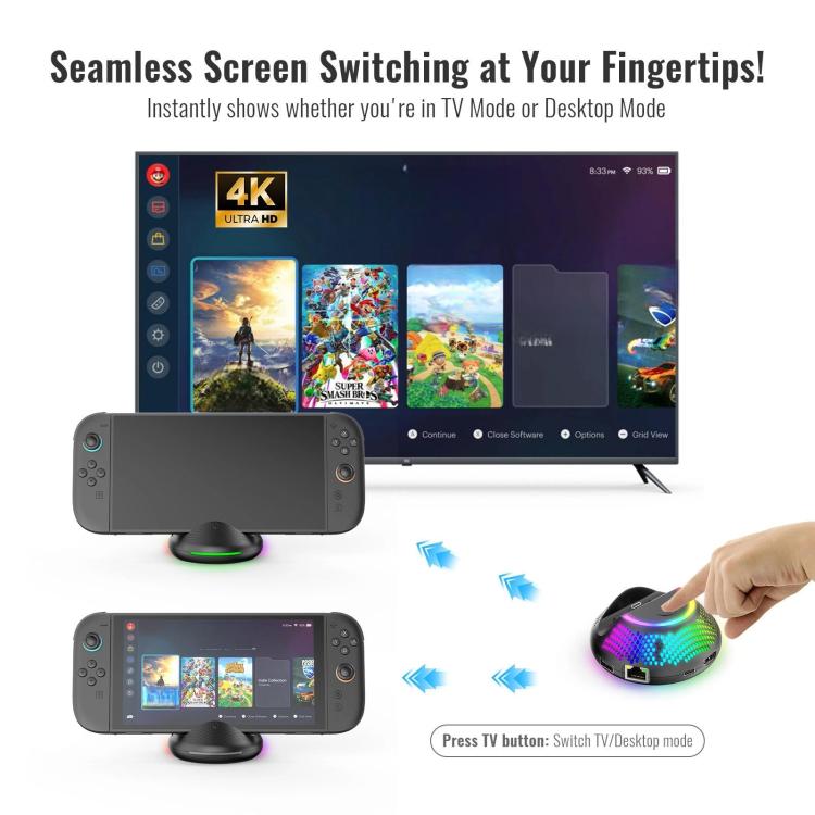 For Nintendo Switch 2 JYS 4K 60Hz TV Dock 5-In-1 HUB With Gigabit Ethernet Port RGB Ambient Lighting