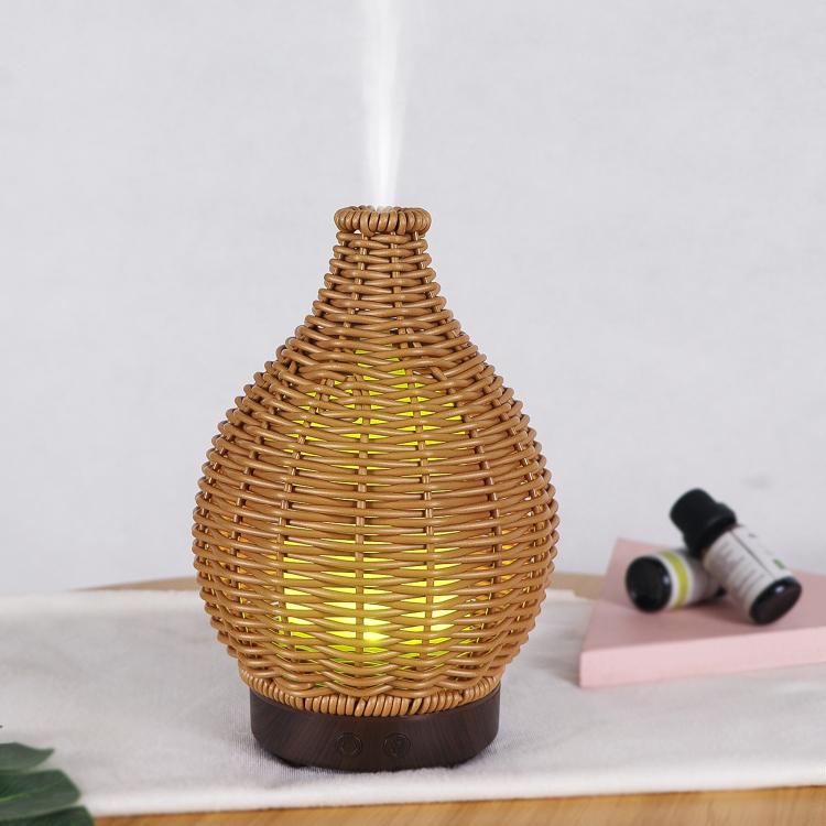 100ML Hollow Rattan Ultrasonic Humidifier & Aromatherapy Diffuser with 7-Color LED Lights