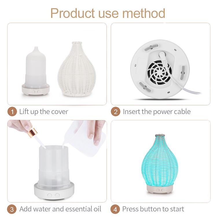 100ML Hollow Rattan Ultrasonic Humidifier & Aromatherapy Diffuser with 7-Color LED Lights