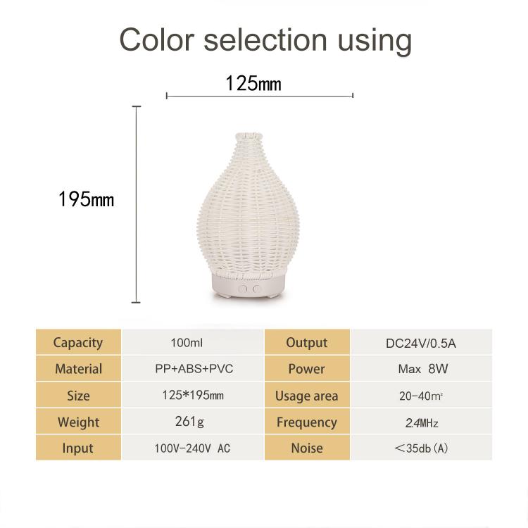 100ML Hollow Rattan Ultrasonic Humidifier & Aromatherapy Diffuser with 7-Color LED Lights