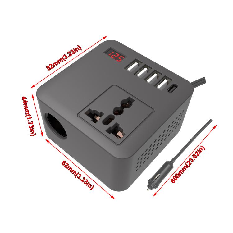 Gurxun 12/24V To 110/220V Multi-Function Car Fast Charger With 4 USB+Type-C+Universal Socket