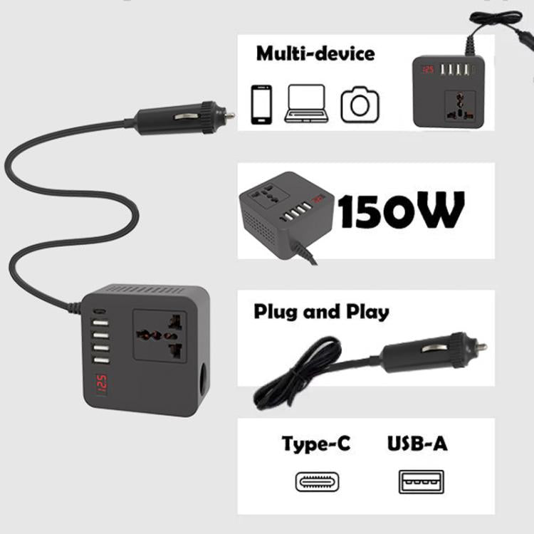 Gurxun 12/24V To 110/220V Multi-Function Car Fast Charger With 4 USB+Type-C+Universal Socket