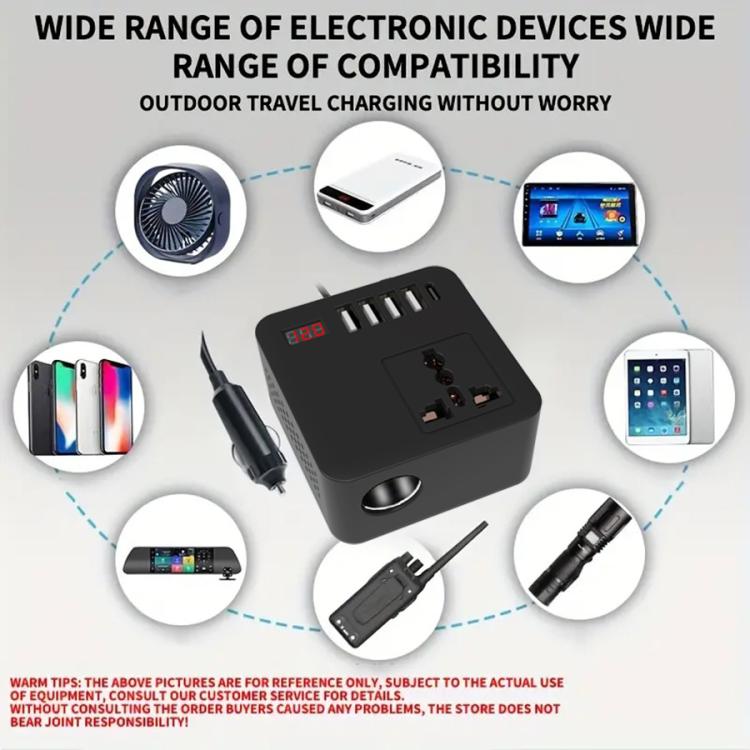 Gurxun 12/24V To 110/220V Multi-Function Car Fast Charger With 4 USB+Type-C+Universal Socket