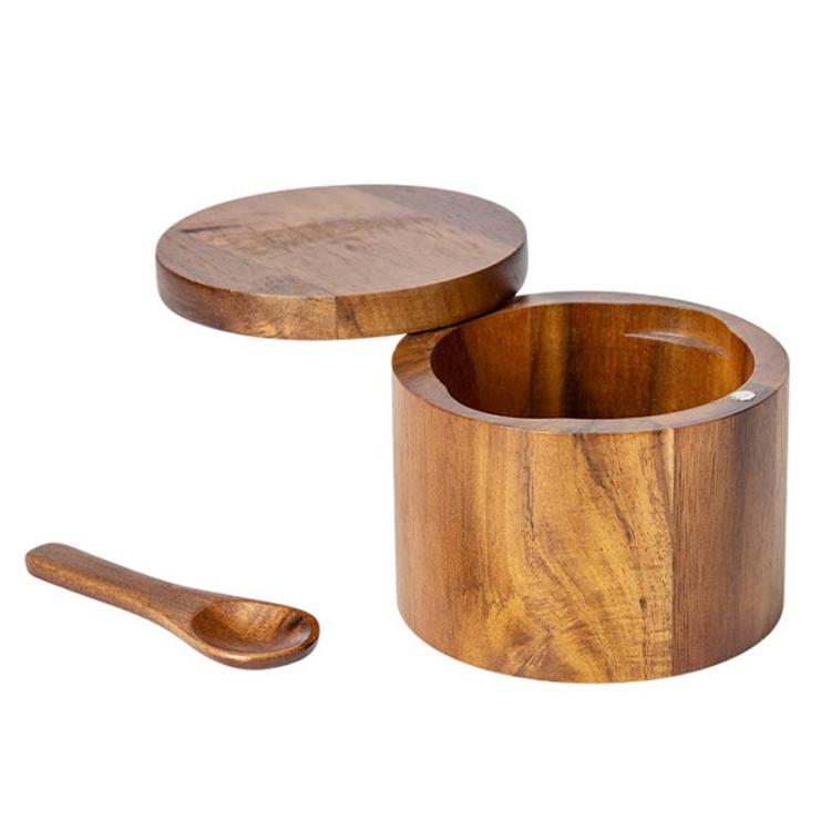 Wooden Salt Jar Storage Box Seasoning Jar With Lid And Spoon