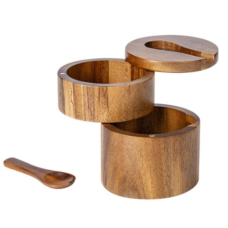 Wooden Salt Jar Storage Box Seasoning Jar With Lid And Spoon