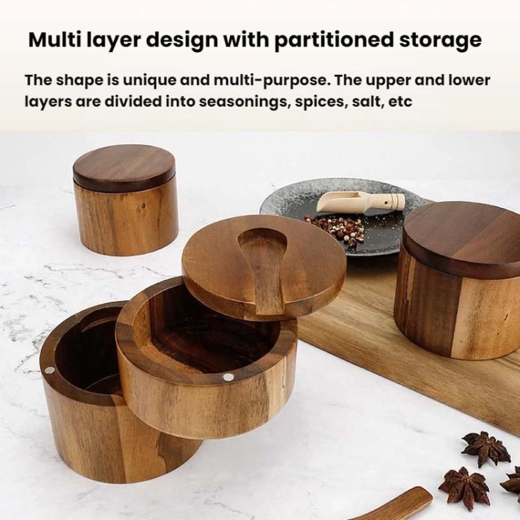 Wooden Salt Jar Storage Box Seasoning Jar With Lid And Spoon