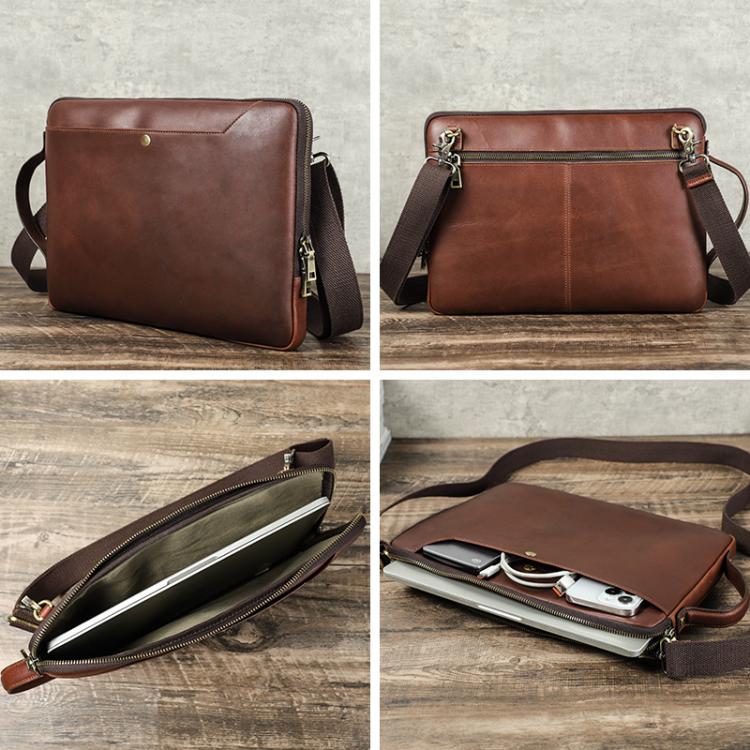 CONTACTS FAMILY 14.2 Inch Crazy Horse Leather Messenger Bag Vintage Crossbody Laptop Briefcase