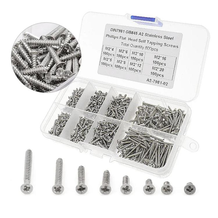 800pcs /Set Metric M2 Carbon Steel Phillips Self-Drilling Screw Kit