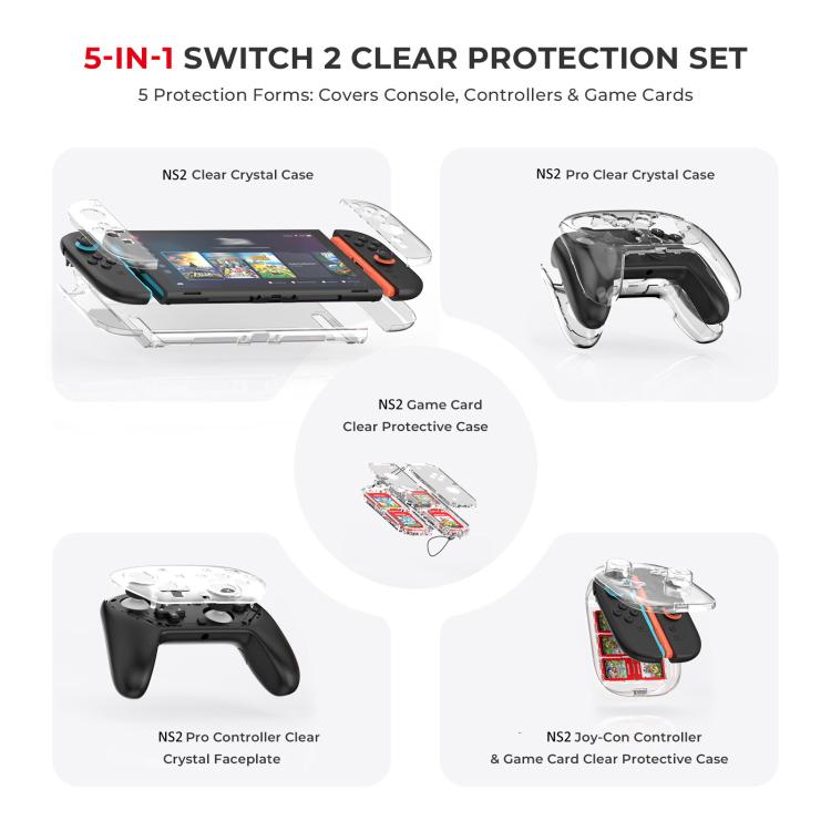 For Nintendo Switch 2 JYS 5-in-1 Crystal Case Full Protection Set Includes Console Shell, Joy-con & Pro Controller Cover, Faceplate, Game Cartridge Case