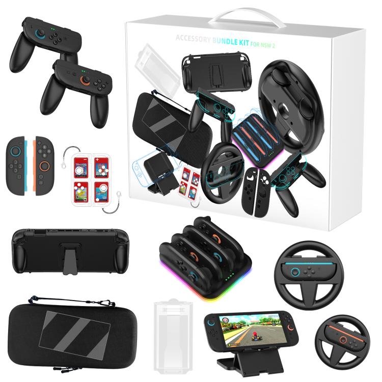For Nintendo Switch 2 JYS Accessory Bundle Kit with Carrying Case, Charging Dock, Protective Shell, Desktop Stand, Steering Wheel, Grip, etc