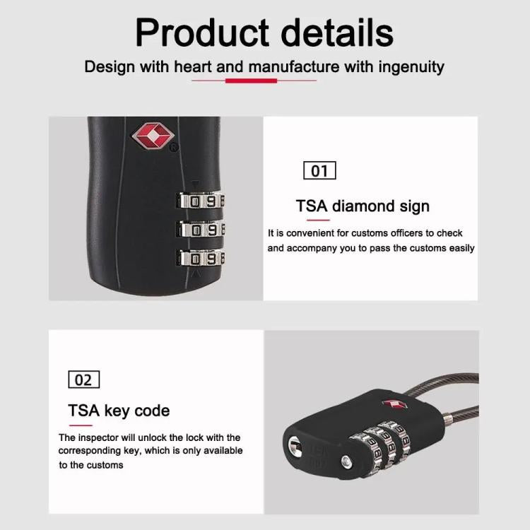 TSA Approved Luggage Lock 3-Digit Combination Lock With Plastic Body Anti-Theft Steel Cable For Suitcases Travel Bags