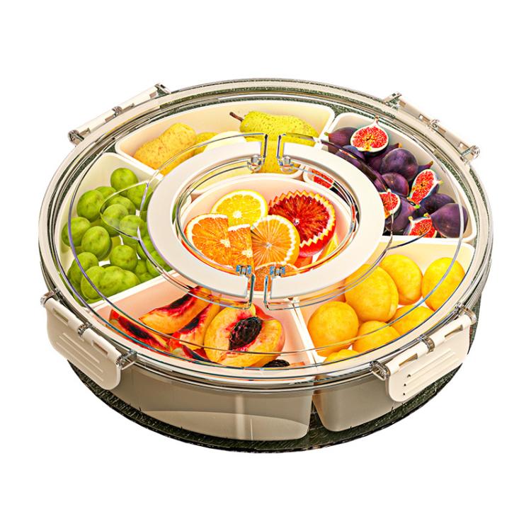 360-Degree Rotating 6-Compartment Snack Tray with Handle & Airtight Lid – Round Portable Food Storage Container for Fruits, Nuts, Candy