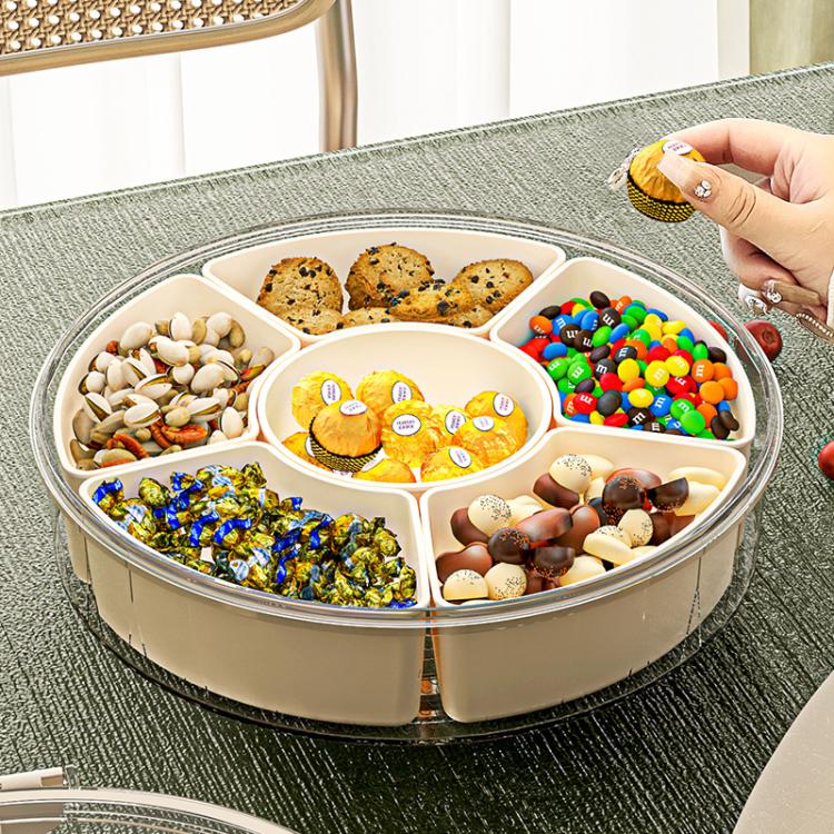 360-Degree Rotating 6-Compartment Snack Tray with Handle & Airtight Lid – Round Portable Food Storage Container for Fruits, Nuts, Candy