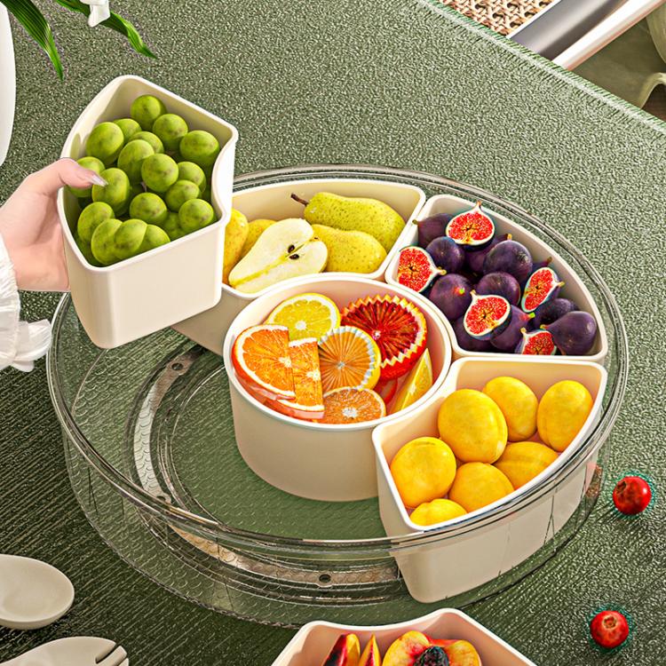 360-Degree Rotating 6-Compartment Snack Tray with Handle & Airtight Lid – Round Portable Food Storage Container for Fruits, Nuts, Candy