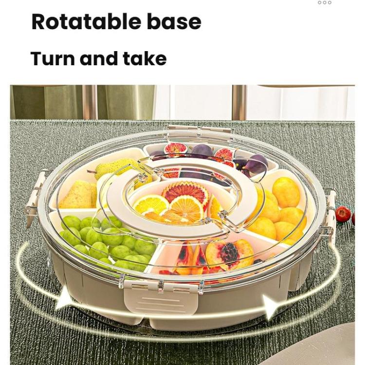 360-Degree Rotating 6-Compartment Snack Tray with Handle & Airtight Lid – Round Portable Food Storage Container for Fruits, Nuts, Candy
