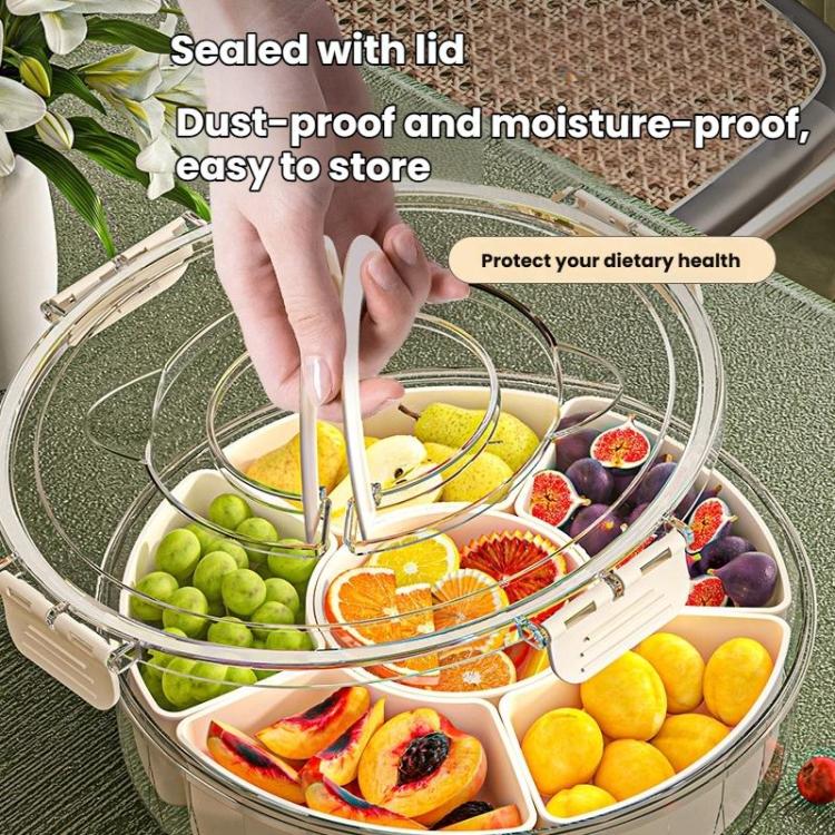 360-Degree Rotating 6-Compartment Snack Tray with Handle & Airtight Lid – Round Portable Food Storage Container for Fruits, Nuts, Candy