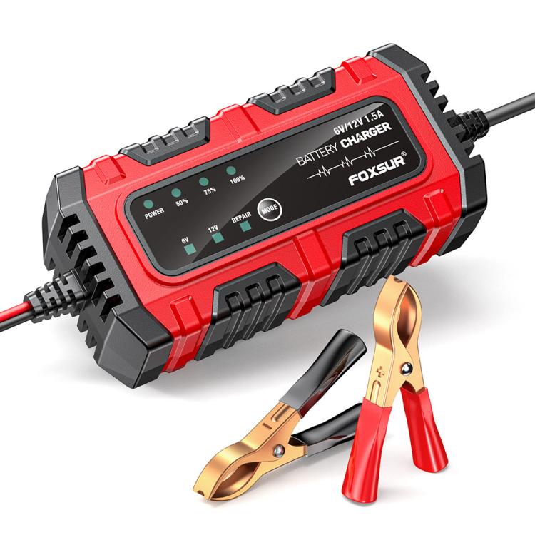 FOXSUR Smart 6V/12V 1.5A Battery Charger 4AH-30AH Lead Acid Battery Maintainer For Motorcycle/Car/ATV