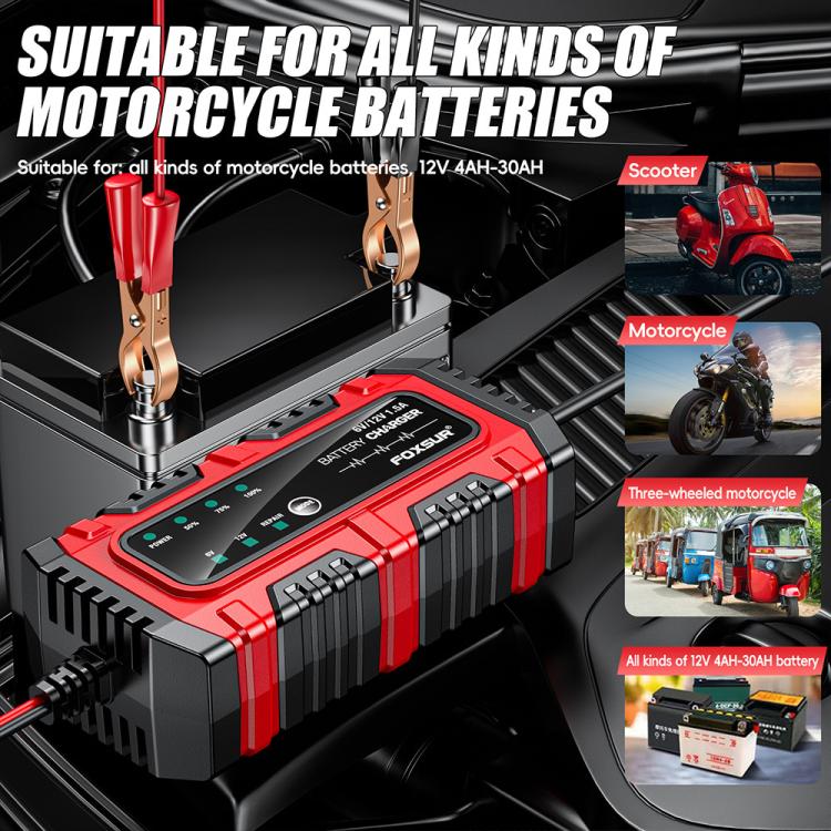 FOXSUR Smart 6V/12V 1.5A Battery Charger 4AH-30AH Lead Acid Battery Maintainer For Motorcycle/Car/ATV