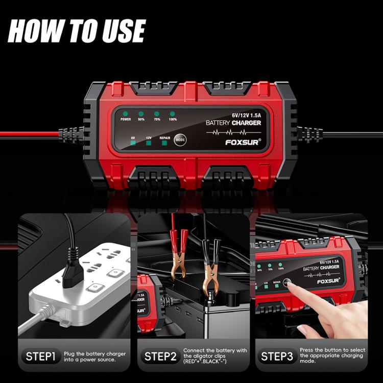 FOXSUR Smart 6V/12V 1.5A Battery Charger 4AH-30AH Lead Acid Battery Maintainer For Motorcycle/Car/ATV