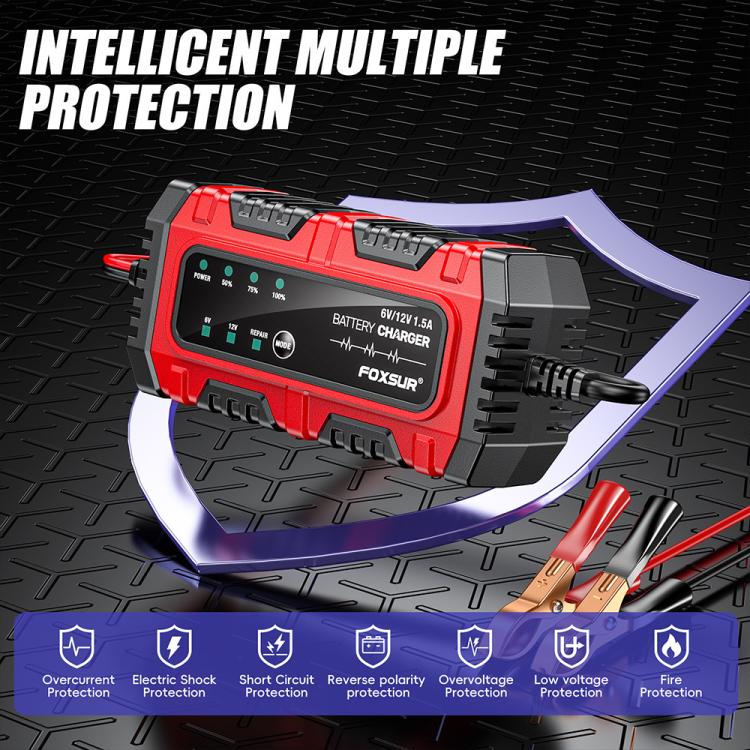 FOXSUR Smart 6V/12V 1.5A Battery Charger 4AH-30AH Lead Acid Battery Maintainer For Motorcycle/Car/ATV