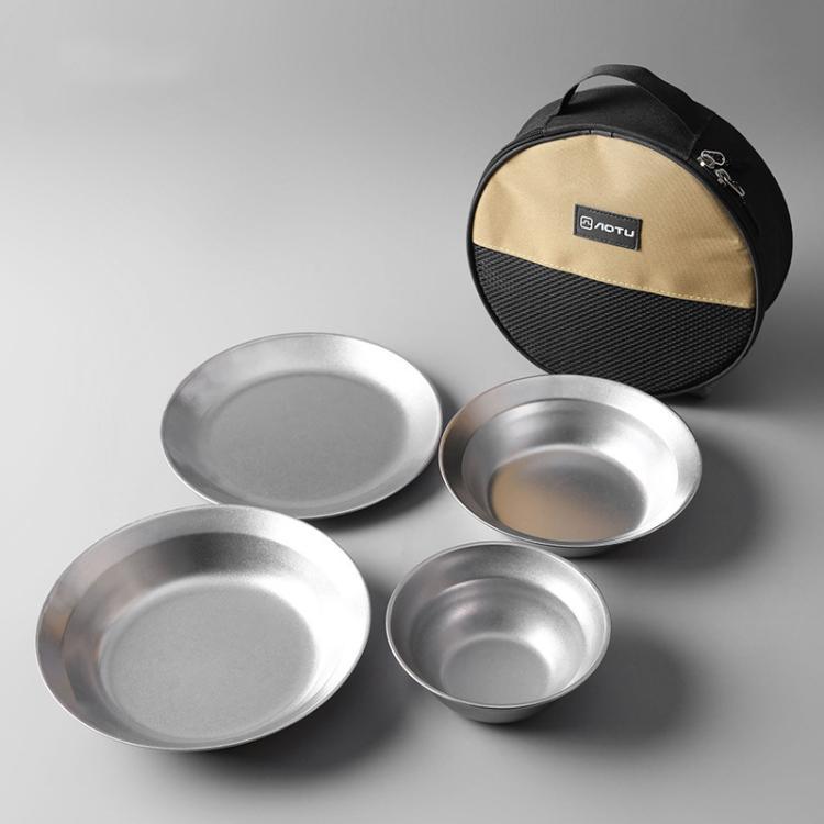 Outdoor Stainless Steel Dinner Plate Set Camping Portable BBQ Plate, With Storage Bag
