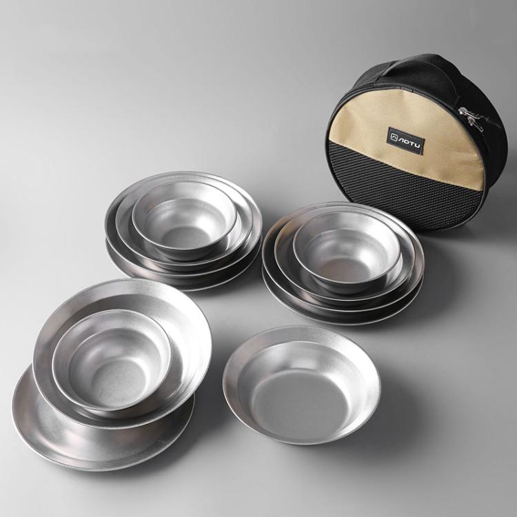 Outdoor Stainless Steel Dinner Plate Set Camping Portable BBQ Plate, With Storage Bag