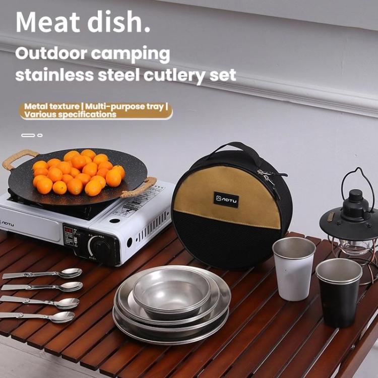 Outdoor Stainless Steel Dinner Plate Set Camping Portable BBQ Plate, With Storage Bag