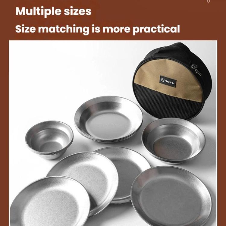 Outdoor Stainless Steel Dinner Plate Set Camping Portable BBQ Plate, With Storage Bag