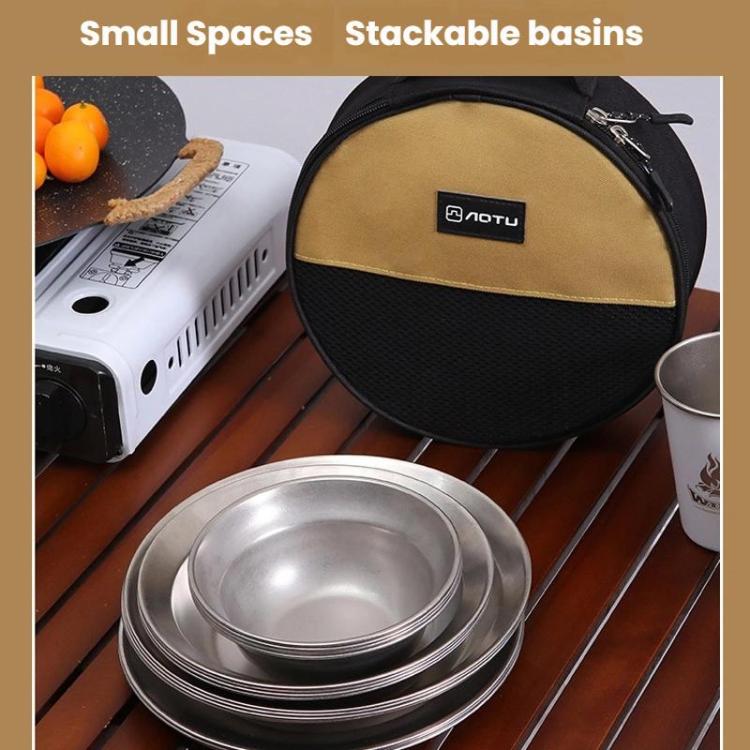 Outdoor Stainless Steel Dinner Plate Set Camping Portable BBQ Plate, With Storage Bag
