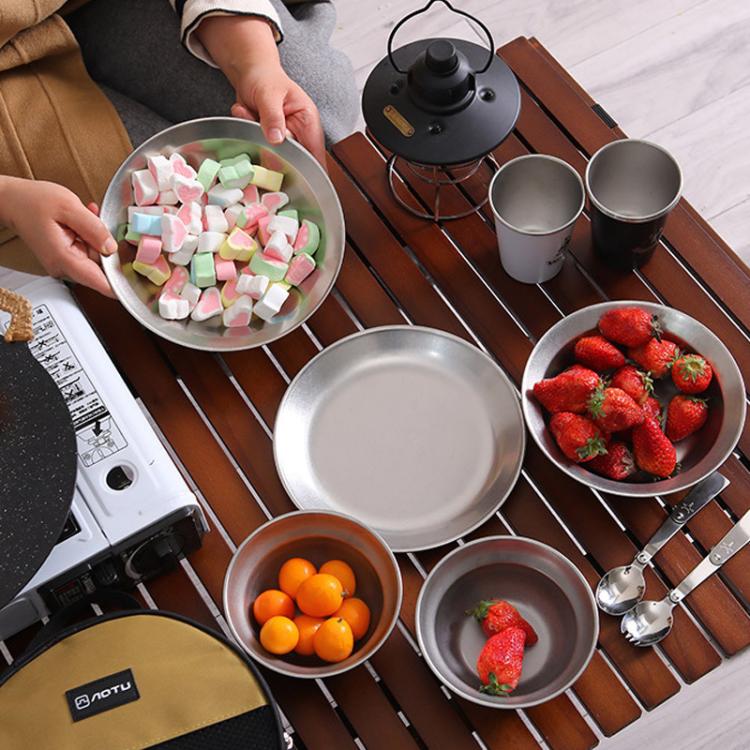 Outdoor Stainless Steel Dinner Plate Set Camping Portable BBQ Plate, With Storage Bag