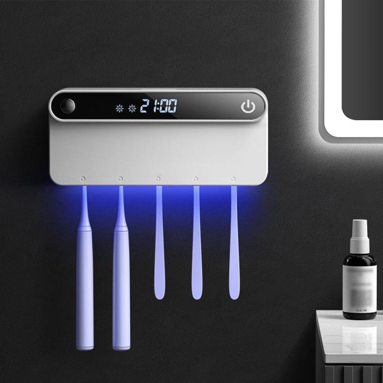 Smart UV Toothbrush Sterilizer and Dryer with Human Sensor, Time Display, USB-C Fast Charging, No-Drill Wall-Mounted Holder