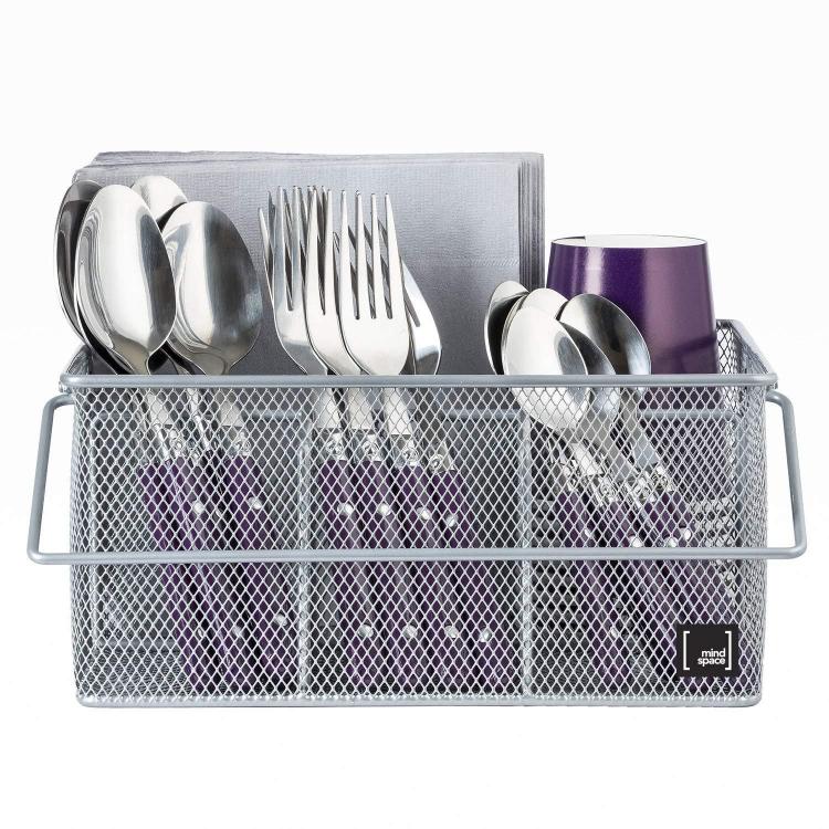 Handled Iron Cutlery Organizer Basket Divided Utensil Storage & Drying Rack for Kitchen and Dining Cleaning Tools