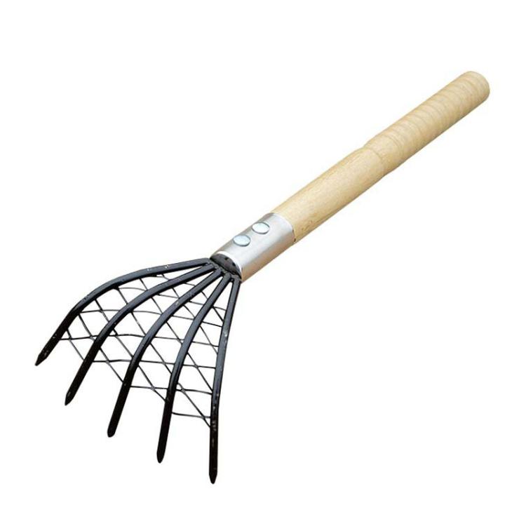 Clam Rake With Mesh Pocket Seaside Beach Rake Wooden Handle Small Iron Rake Tool