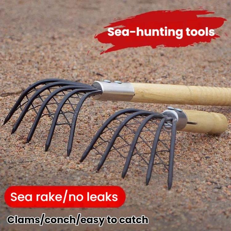 Clam Rake With Mesh Pocket Seaside Beach Rake Wooden Handle Small Iron Rake Tool