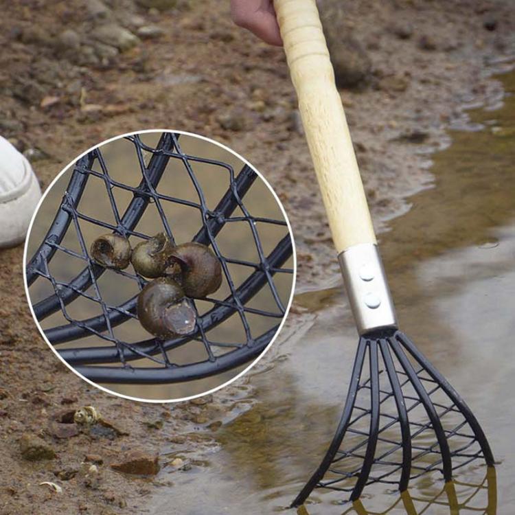 Clam Rake With Mesh Pocket Seaside Beach Rake Wooden Handle Small Iron Rake Tool