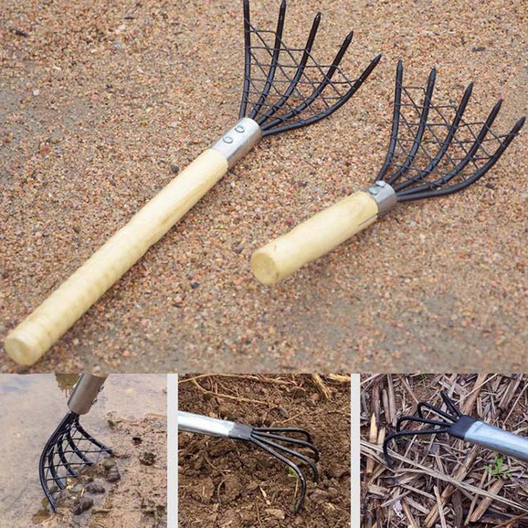 Clam Rake With Mesh Pocket Seaside Beach Rake Wooden Handle Small Iron Rake Tool