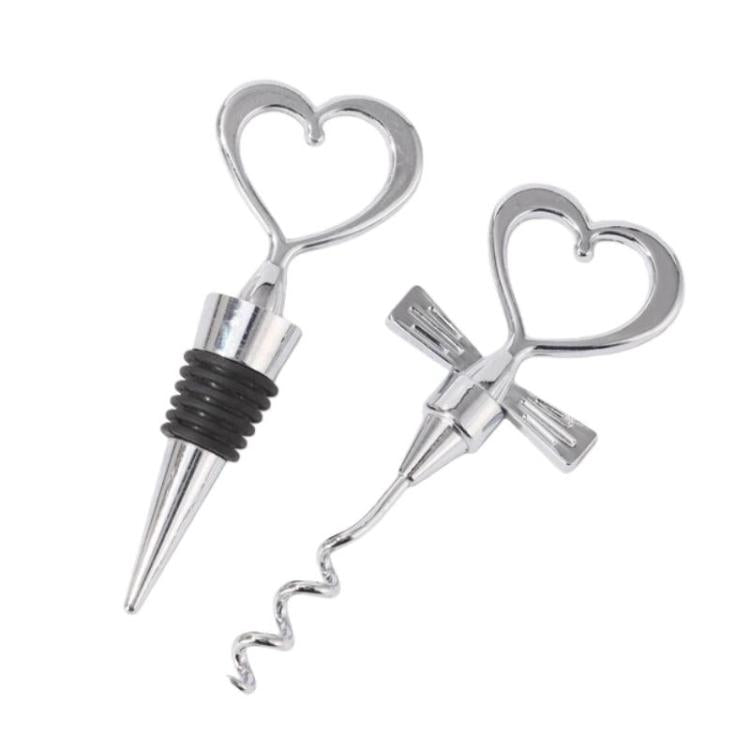 2pcs Heart-Shaped Wine Stopper And Bottle Opener Set Wedding Gift Wineware Set