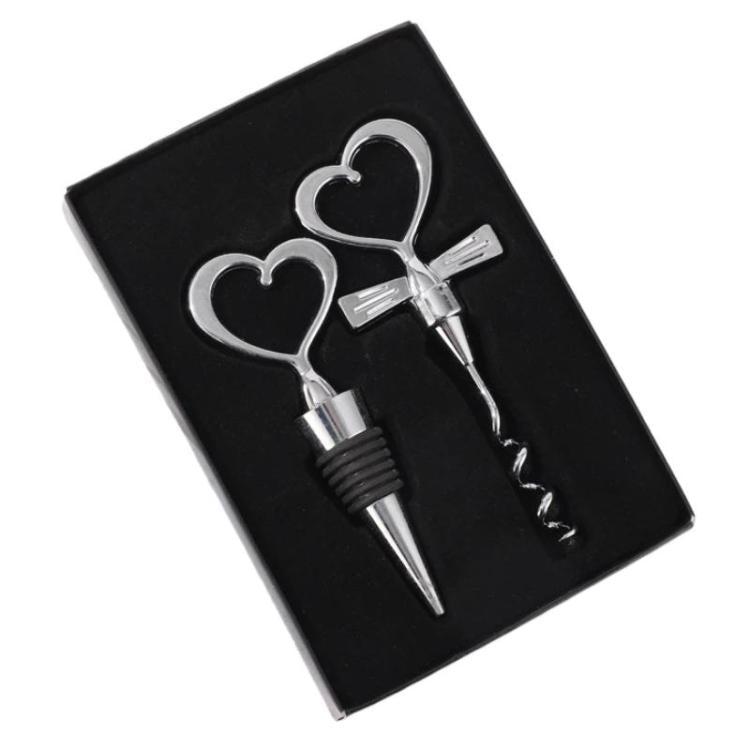 2pcs Heart-Shaped Wine Stopper And Bottle Opener Set Wedding Gift Wineware Set